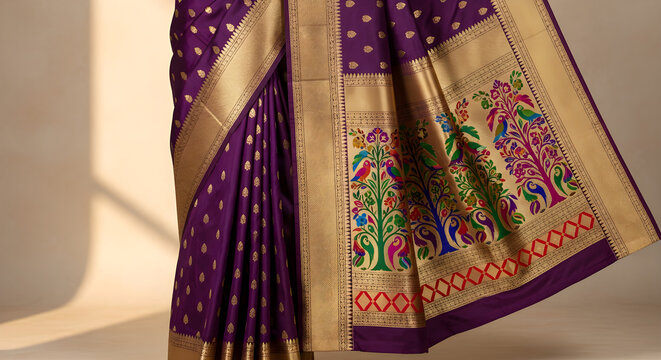 Elegant purple Indian silk saree with intricate gold border and traditional floral bird motifs
