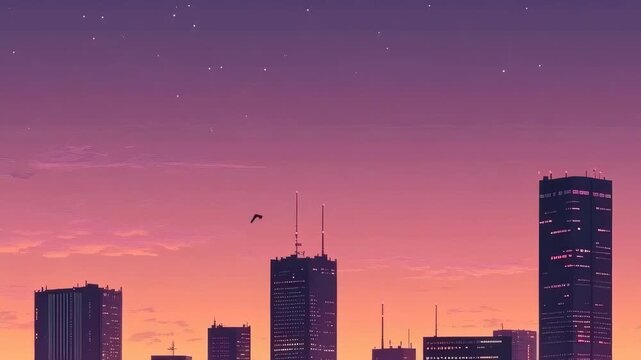 Skyscrapers rise against a striking sunset sky filled with orange and purple shades, creating a stunning silhouette of the city. Birds can be seen flying in the dusk.
