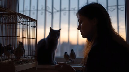 Naklejka na ściany i meble A silhouetted woman observes her cat and pet birds by a window at dusk