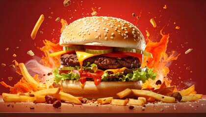 Cheeseburger with fries exploding outward on red backdrop—bold flavor meets fast-food drama.