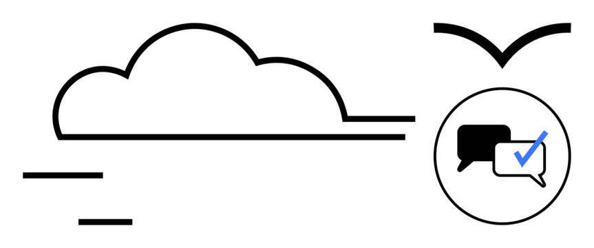 Minimalist cloud icon, flying bird, speech bubbles, and checkmark highlight connectivity, digital communication, and verified data. Ideal for cloud computing, messaging, networking security trust