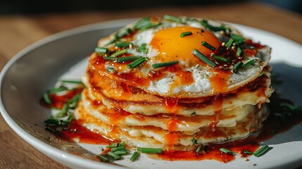 A delicious stack of pancakes topped with a fried egg and spicy sauce
