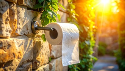 Toilet paper roll on stone wall in sunlit garden—quirky blend of nature and bathroom utility.