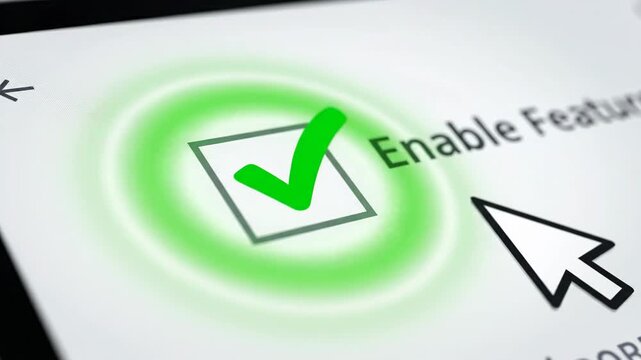 Screen close-up showing cursor clicking a green checkmark within a square box on a white interface with partial text