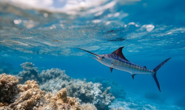 In the ocean, a beautiful marlin, close-up composition, serene atmosphere, underwater perspective, blue tones, side lighting, crystal-clear water surface