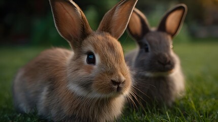 Fototapeta premium Two adorable fluffy rabbits sitting in green grass during twilight soft natural light highlighting their fur and whiskers