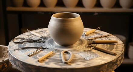 Handcrafted pottery on a spinning wheel with tools ready for the next creative touch, making art and crafts in a studio setting for small business