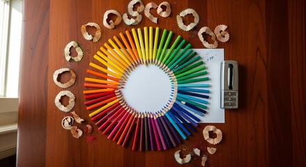 Vibrant colored pencils arranged in rainbow order with sharpener and shavings offers a creative art space perfect for back to school promotions