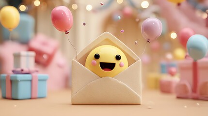 A cheerful yellow face emerging from an envelope amidst festive decorations
