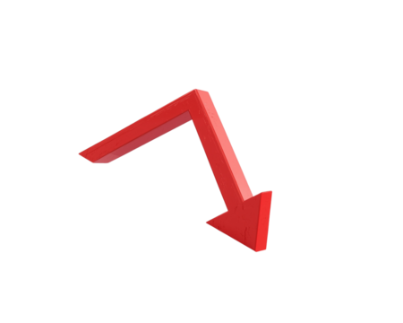 3d red arrow pointing down and to the right isolated on transparent background