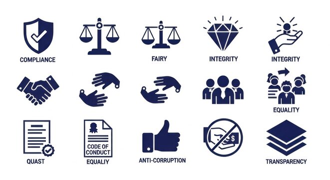 Compliance Integrity Equality Code of Conduct Anti Corruption Transparency Icons Set