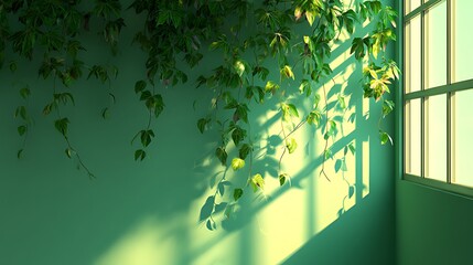 Green wall with trailing vines and sunlight streaming through a window