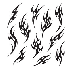 y2k neo tribal sigilism tatto pack. Flame shape in liquid mercury. abstract neo tribal cyber sigil gothic melted modern burn form, design element. 2d vector illustration