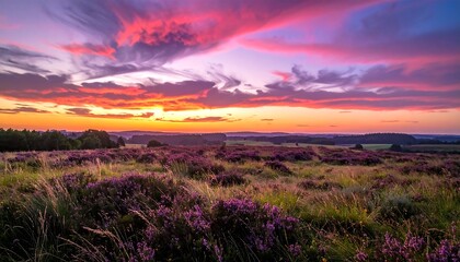 Scenic panorama of blooming purple flowers with an epic sunset sky