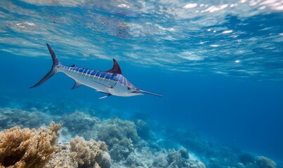 Fototapeta premium In the ocean, a beautiful marlin, close-up composition, serene atmosphere, underwater perspective, blue tones, side lighting, crystal-clear water surface