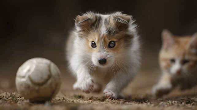 A fluffy young puppy eagerly chases a ball across the textured ground with a curious kitten watching in the soft blurred background