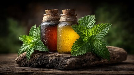 Glass bottles of herbal extract on a wooden table surrounded by fresh green herbs and leaves.