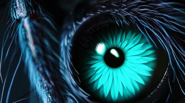 A macro shot reveals the stunning turquoise eye of an insect, showcasing fine hairs and intricate patterns against a dark backdrop that emphasizes its beauty.