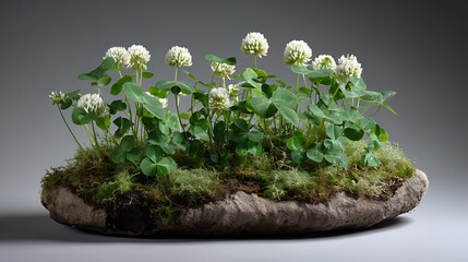 White clover blossoms and lush green moss growing on a weathered piece of wood