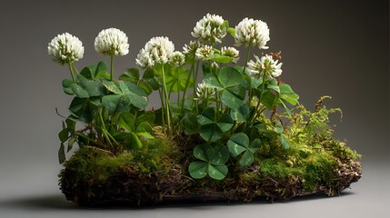 A delicate cluster of white clover blossoms nestled amongst lush green moss