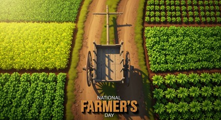 Celebrate National Farmer's Day with a rustic wooden cart in a vibrant field, showcasing the beauty of agriculture and the importance of farming heritage