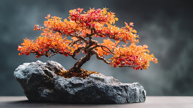 A vibrant bonsai tree with fiery autumn foliage on a rocky base