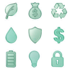 3D Green Frosted Glass Icon Set for Ecology, Finance, and Energy. Glossy Environmental and Money Symbols Isolated on White.
