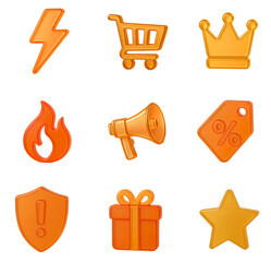 3D Amber Orange Glass Icon Set for E-commerce, Sale, and VIP Marketing. Glossy Shopping and Promotion Symbols Isolated on White.