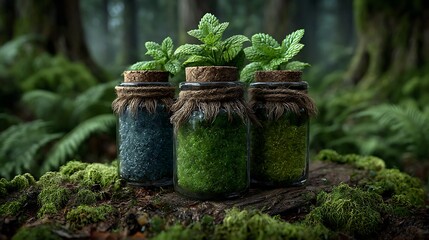 Green glass vials of organic oils among fresh foliage, moss, and forest-inspired background.