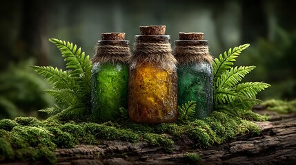 Green glass vials of organic oils among fresh foliage, moss, and forest-inspired background.