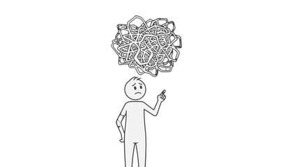 A simple line drawing of a confused person with a tangled mess above their head, symbolizing complex thoughts or problems.