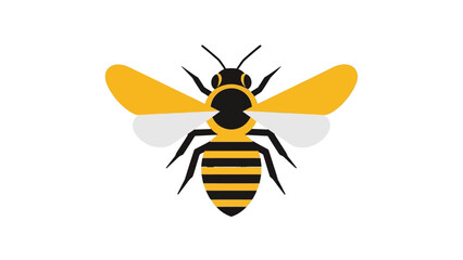 A stylized illustration of a bee with yellow and black stripes and white and yellow wings, set against a white background.