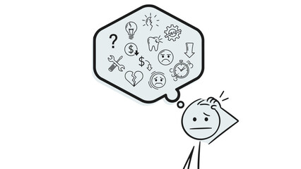 A stick figure is shown scratching its head in confusion, with a thought bubble filled with various symbols and icons representing problems and worries.
