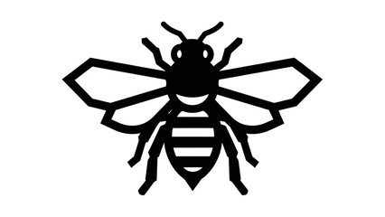 Stylized black and white illustration of a bee with geometric wings and striped abdomen.