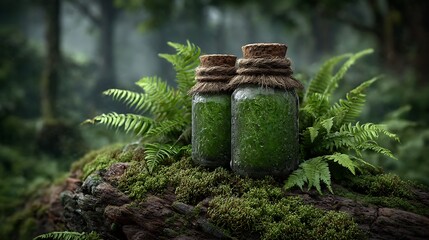 Green glass vials of organic oils among fresh foliage, moss, and forest-inspired background.