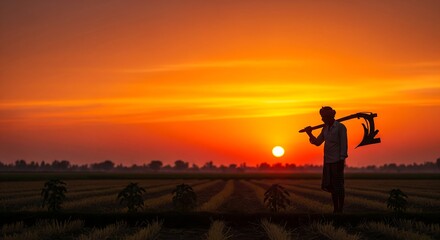 Serene sunset over farmland as dedicated farmer carries plow, symbolizing growth, sustainability, and the beauty of rural landscapes