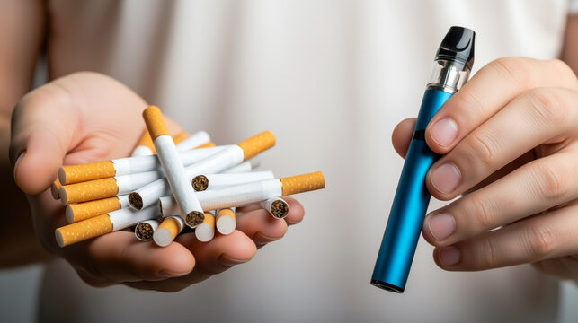 A person holds a pile of traditional cigarettes in one hand and a blue electronic cigarette in the other, offering a choice between smoking methods - Powered by Adobe