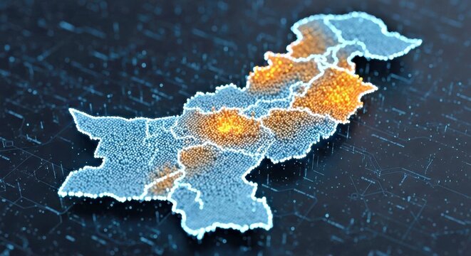 Enigmatic Glowing Orange Abstract Pixelated Digital Map With Dark Blue Tech Background