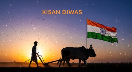 Celebrating Kisan Diwas a farmer working in field at sunrise with ox and Indian flag blowing, honoring agriculture and rural life in India