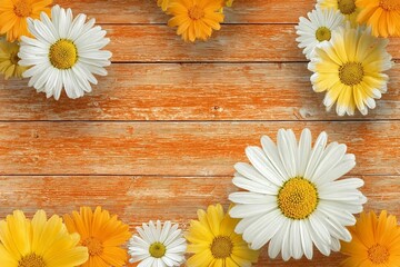 Fototapeta premium Spring composition. White daisy flowers on orange brown wooden tabletop background.