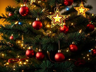 Festive holiday tree adorned with twinkling lights, baubles, and a star, evoking warmth and joy,  star,  festive