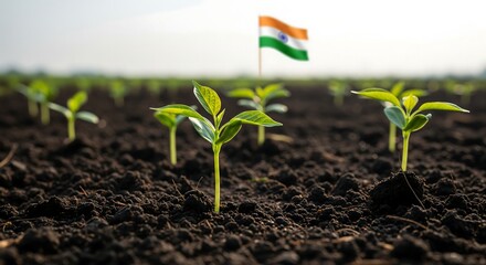 Promising young plants emerging from rich Indian soil, symbolizing growth and agricultural innovation with the Indian flag waving proudly in the distance