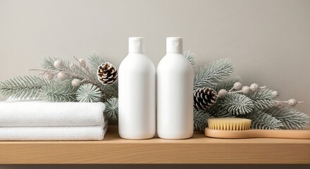 Elegant winter spa vibe with plush towels and blank bottles for lotion or shampoo, perfect for beauty product ads and seasonal campaigns, neutral colors
