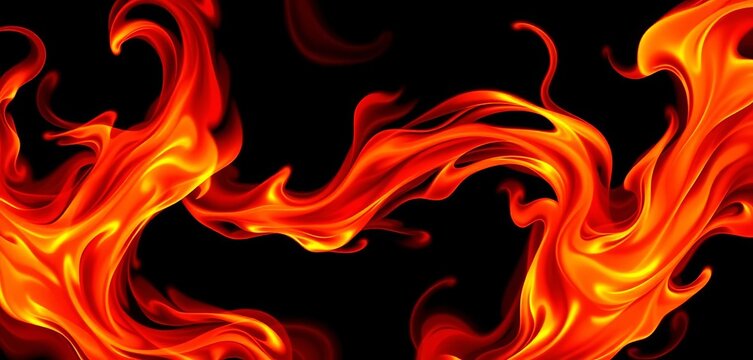 Intense swirling fiery orange, red, and yellow abstract shapes against a black background, fire background, light