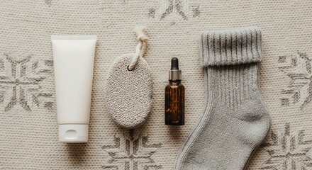 Cozy winter spa day essentials featuring lotion, pumice stone, serum, and warm socks to pamper yourself during the cold season