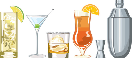 色々なカクテルとシェイカーのイメージイラスト