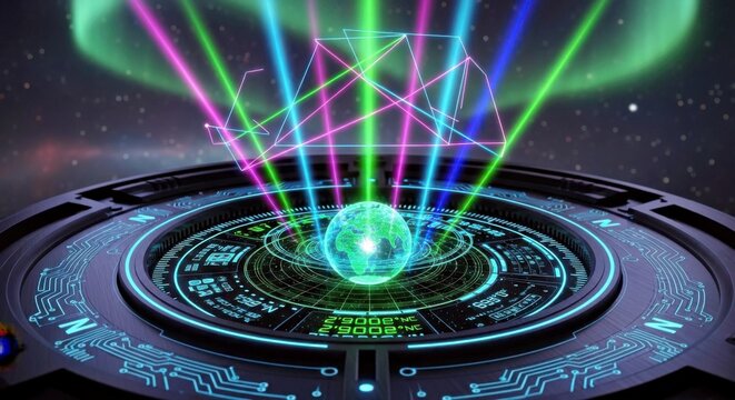 Futuristic Digital Interface With Glowing Globe Geometric Light Beams and Global Connectivity Network Cosmic Energy Data