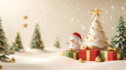 Obraz premium Christmas trees with gift boxes and snowman on snowy landscape, festive holiday background banner with falling snow, cozy and minimal winter scene.
