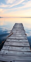 Fototapeta premium Weathered wood dock extends into calm lake water, reflecting the sky, outdoors, dock