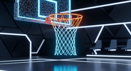 A futuristic and conceptual basketball hoop with glowing lines, reflecting on the court floor.